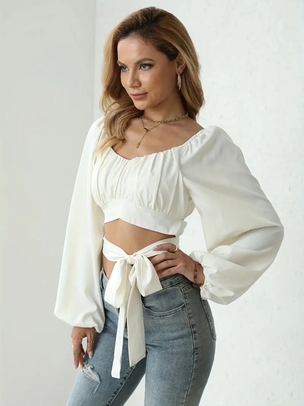 ◾️NEW! Windsor Ivory Tie-Front Long Sleeve Crop Top